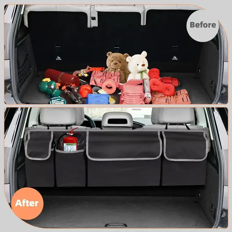 حقيبة تخزين صندوق السيارة مع 4 جيوب منظم صندوق السيارة متعدد الوظائف، حقيبة تخزين للمقعد الخلفي مع أشرطة قابلة للتعديل #5