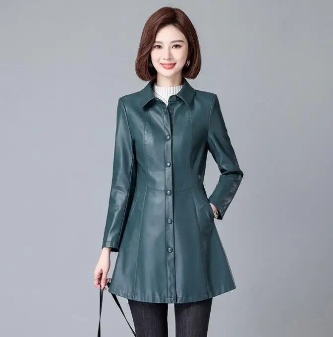 New Women Spring Autumn Leather Coat Casual Fashion Turn Down Collar Medium Long Loose Trench Coat