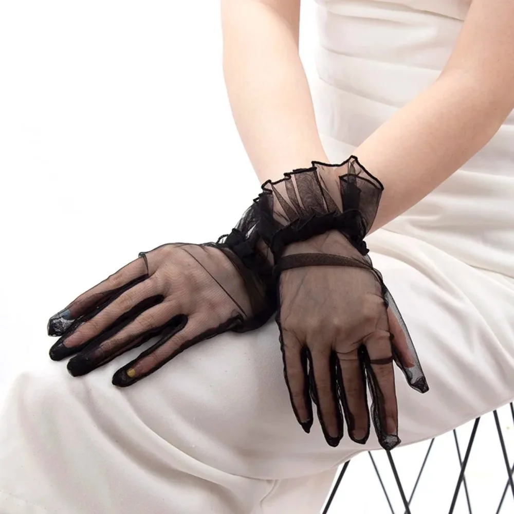 1pair Women Ultra Thin Transparent Gauze Lace Full Finger Gloves Short Tulle Wedding Evening Party Mesh Elastic Wrist Gloves