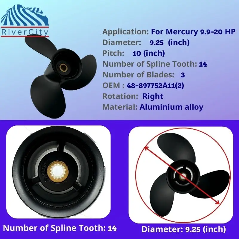 9.25*10 Outboard Propeller For Mercury 9.9hp 15hp 20hp Boat Aluminum Alloy Screw 3 Blade 14 Spline Marine Engine Part