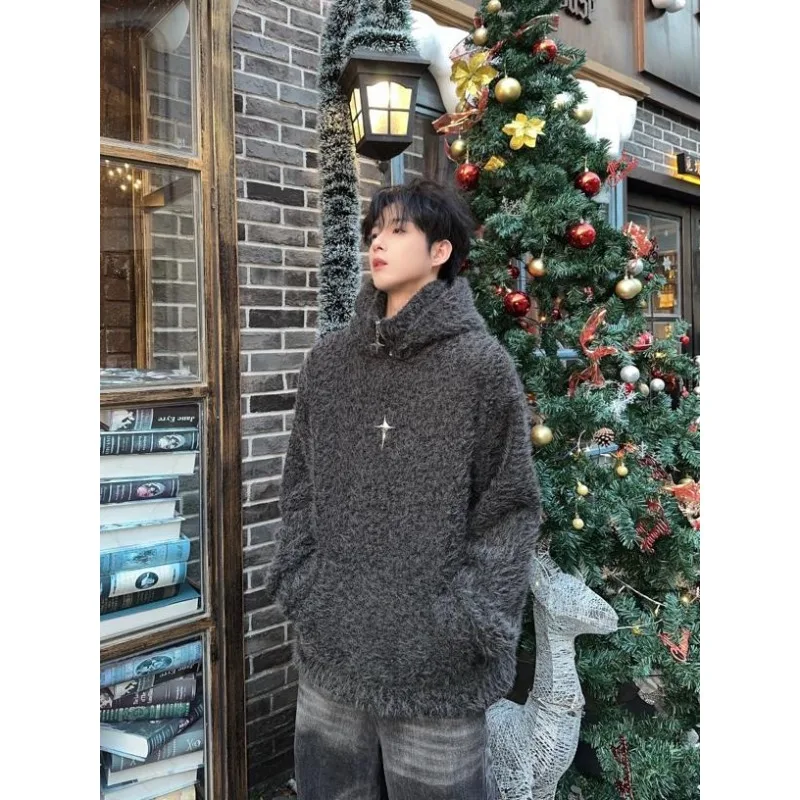 Men's clothing spring and autumn high quality stand collar zipper hooded handsome personality loose all-match sweater coat