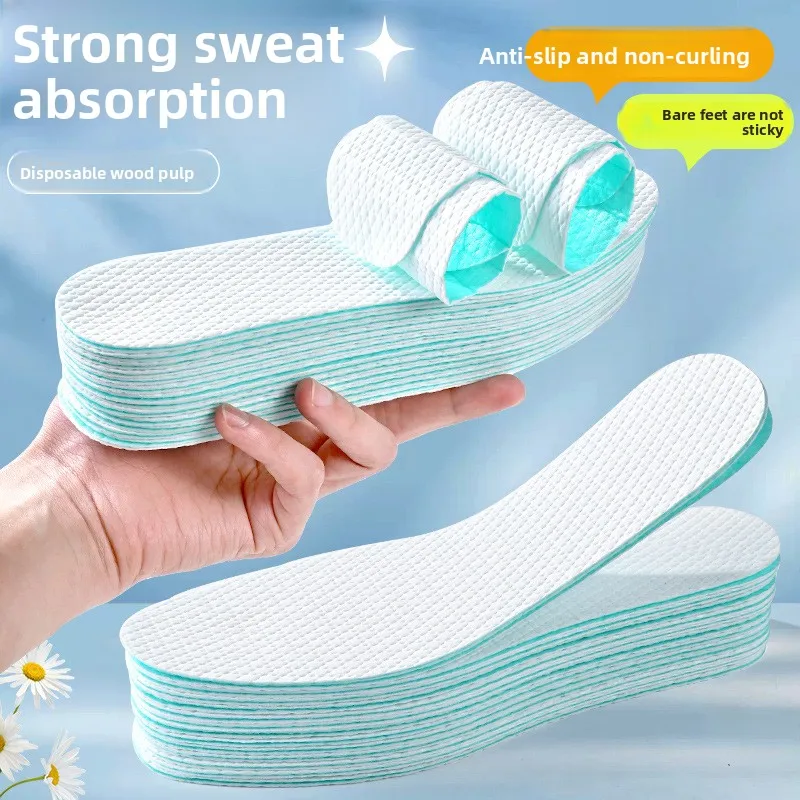1Pair Disposable Wood Pulp Shoe Insoles for Summer Barefoot Wear, Thin Breathable Sweat Absorbing Odor Control Non‑Slip