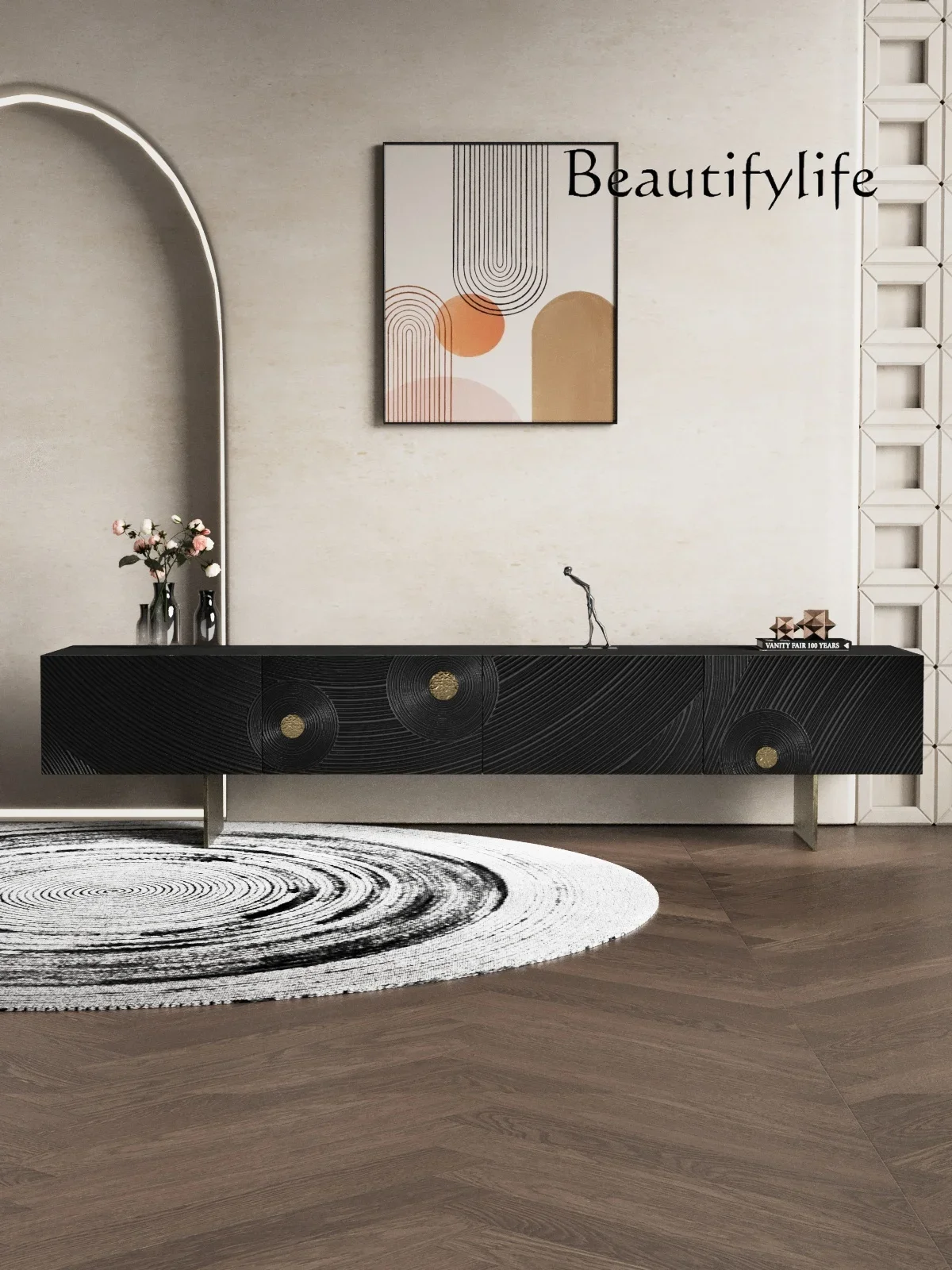 

Retro style industrial style light luxury minimalist modern solid wood carving flower TV cabinet dining side cabinet antique