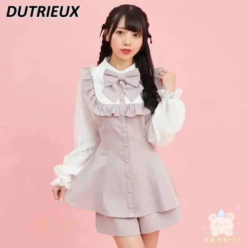 

SC Dress Suit Rhinestone Love Sweet Bow Lace Long Sleeve Shirt Dress Shorts Set 2023 New Autumn Mine Long Blouse Lolita Clothes