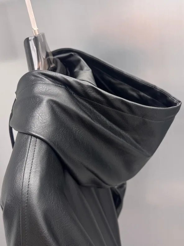 معطف رجالي من Oule Select بغطاء للرأس من جلد البولي يوريثان Jaet Dstring كاجوال فضفاض Sle طويل وسحاب للإغلاق لخريف وشتاء جديد... #4