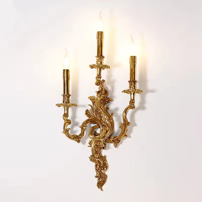 

French Decorative Brass Mural Lamp Candle Lighting Antique Three Headed All Copper Wall Lamp Dining Room, Bedroom, Hallway