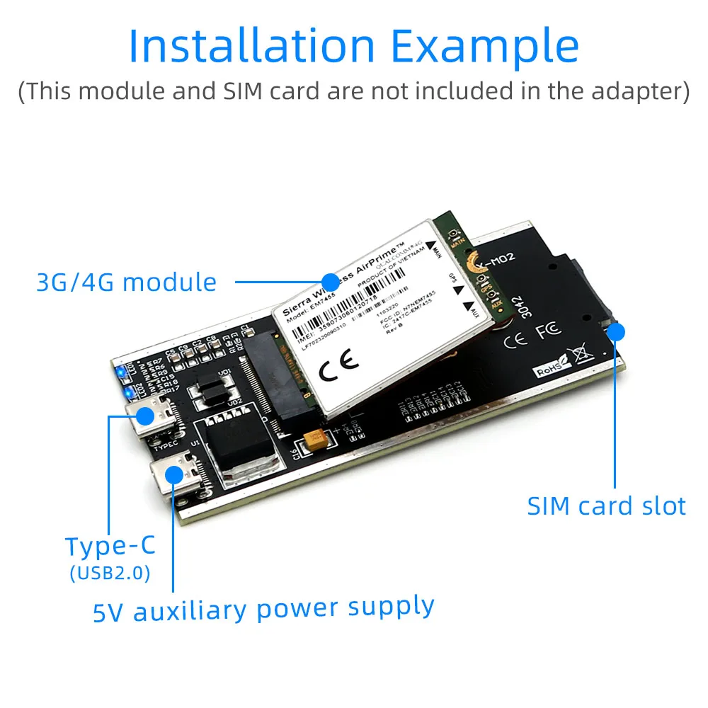 NGFF(M.2) to USB 2.0(TYPE C) Adapter With SIM card Slot and Auxiliary Power Interface for WWAN/LTE Module