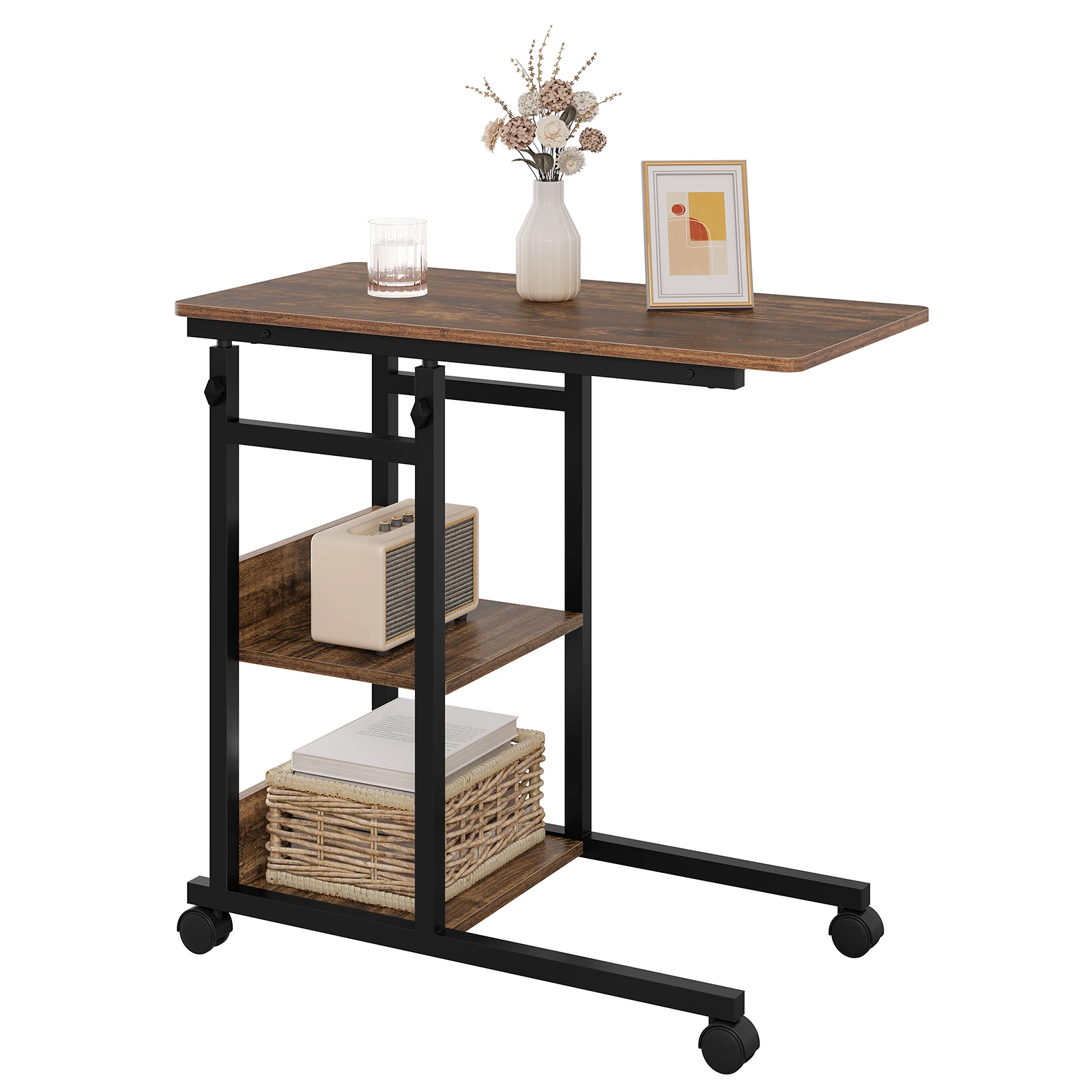 WOLTU Table basse, table d'appoint, table pour ordinateur portable, en forme de C, réglable en hauteur avec roulettes, table d'appoint pour salon et chambre à coucher