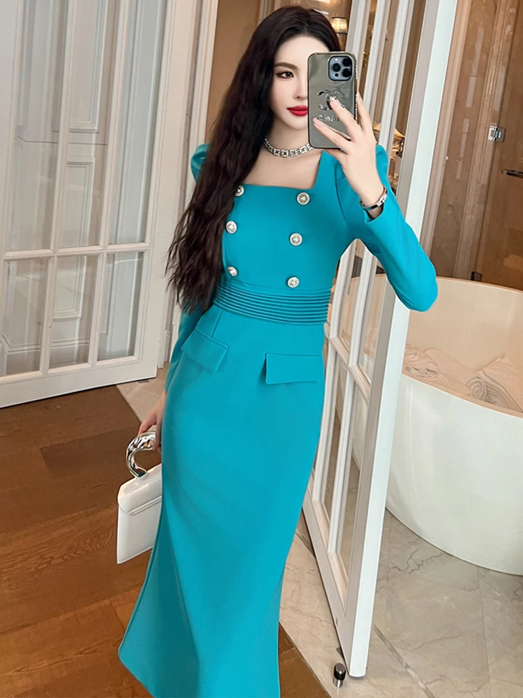 New Fashion Elegant Women\'s Blue Dress Commuter Professional Style Double Breasted High Waist Robe Business Office Lady Vestidos