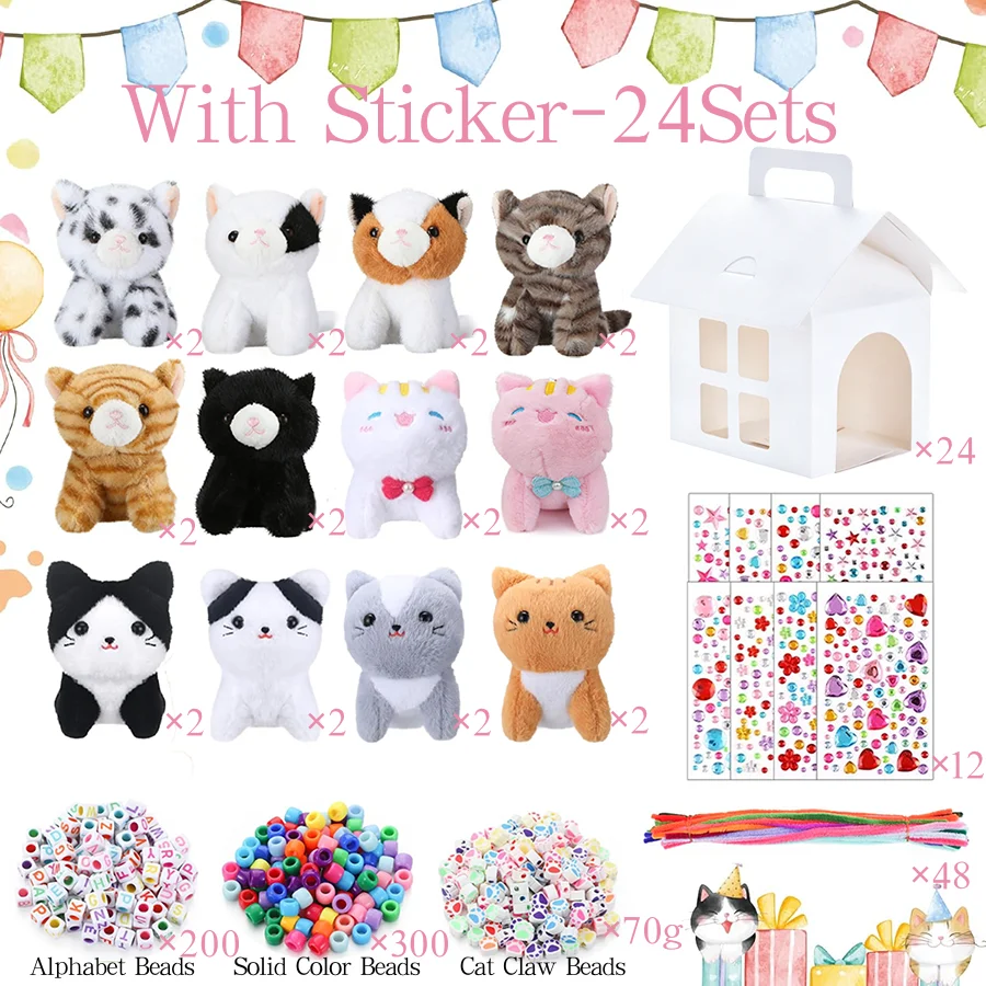 12-24 Sets DIY Adopt A Cat Party-Geschenke: Selbstgemachtes Katzen-Plüschtier mit Hausperlen-Halskette für Geburtstagsfeiern