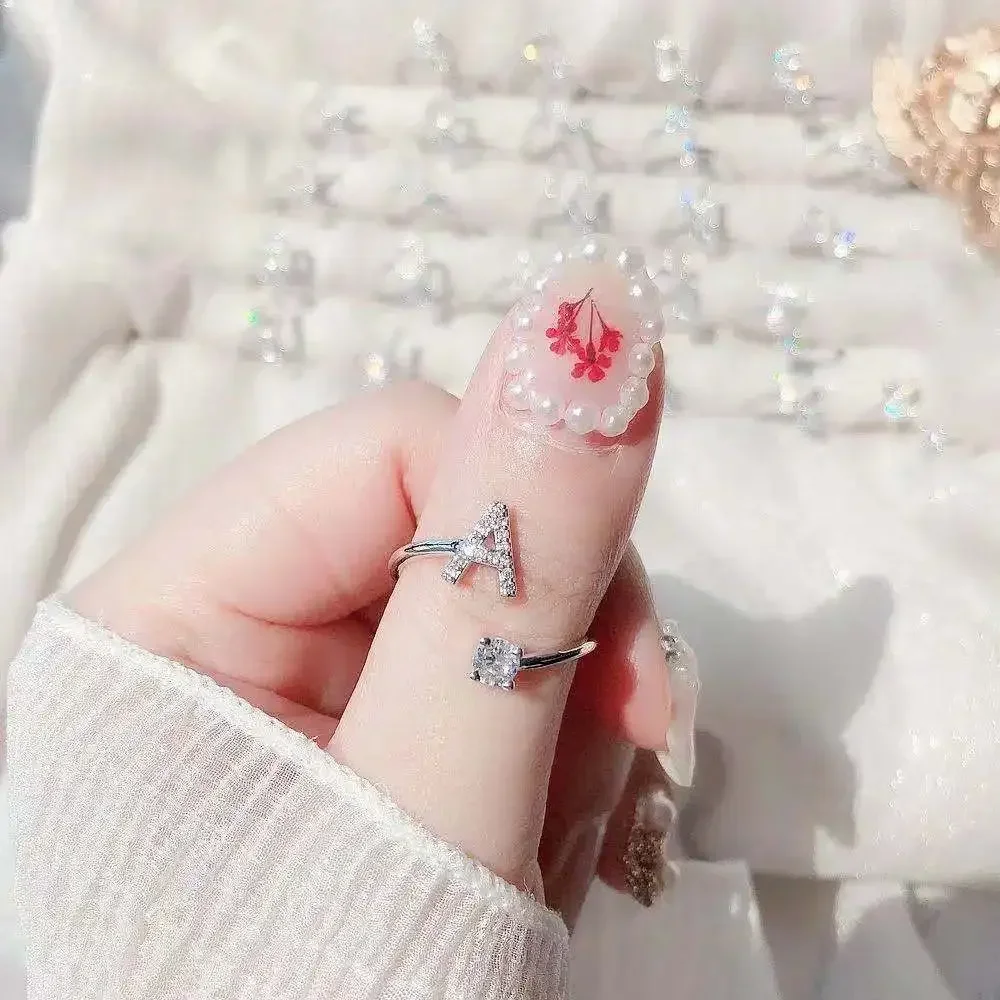 Adjustable Zircon Initial Letter Ring for Women Girls - Fashionable Alphabet Name Ring Wedding Jewelry Gift A-Z image 5
