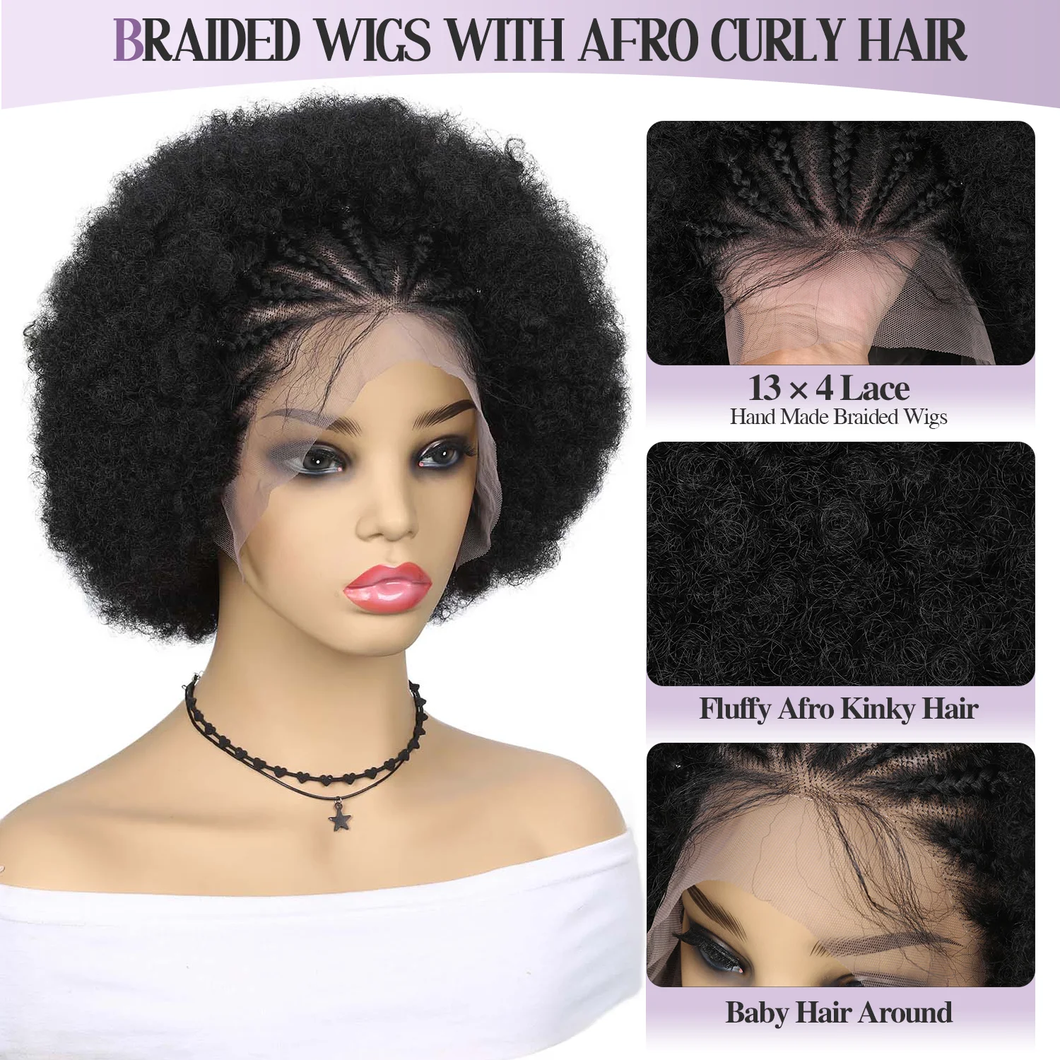 Cornrow Braide With Afro Puff Synthetic Wig 13x4Inch HD Lace Front Wig With Baby Hair Pre Plucked Glueless Transparent Lace Wigs