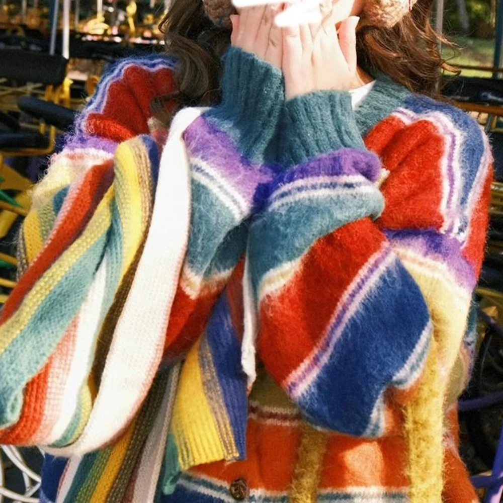 

Японский винтажный свитер-кардиган в радужную полоску для женщин, новинка 2026 года, осенне-зимний, свободный, вязаный, в стиле оверсайз