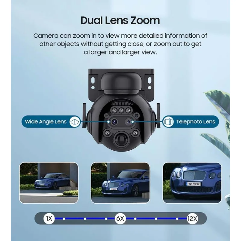 Telecamera di sicurezza solare 4G/WiFi da 6 MP Zoom 12X Doppia lente Visione notturna a colori PIR Rilevamento umano Punto preimpostato