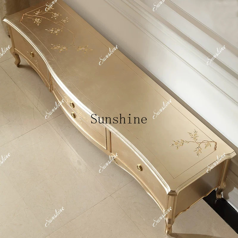 

French light luxury solid wood painted silver foil court living room bedroom carved storage cabinet FT