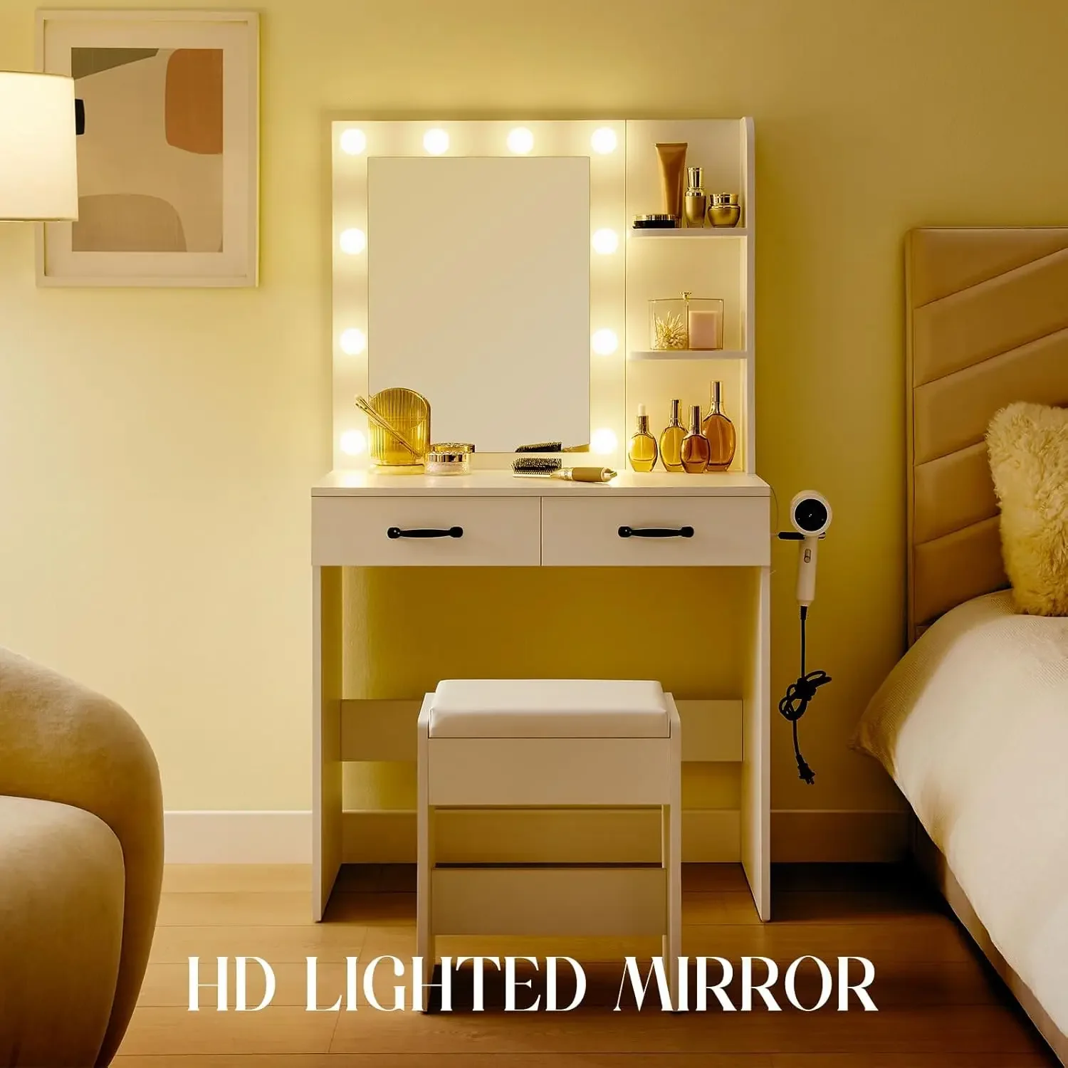 Vanity Desk with HD Mirror and Brighter Lights, 3-Colour Hollywood Brighter Bulbs, Cushioned Storage Stool, 6 Storage Spaces