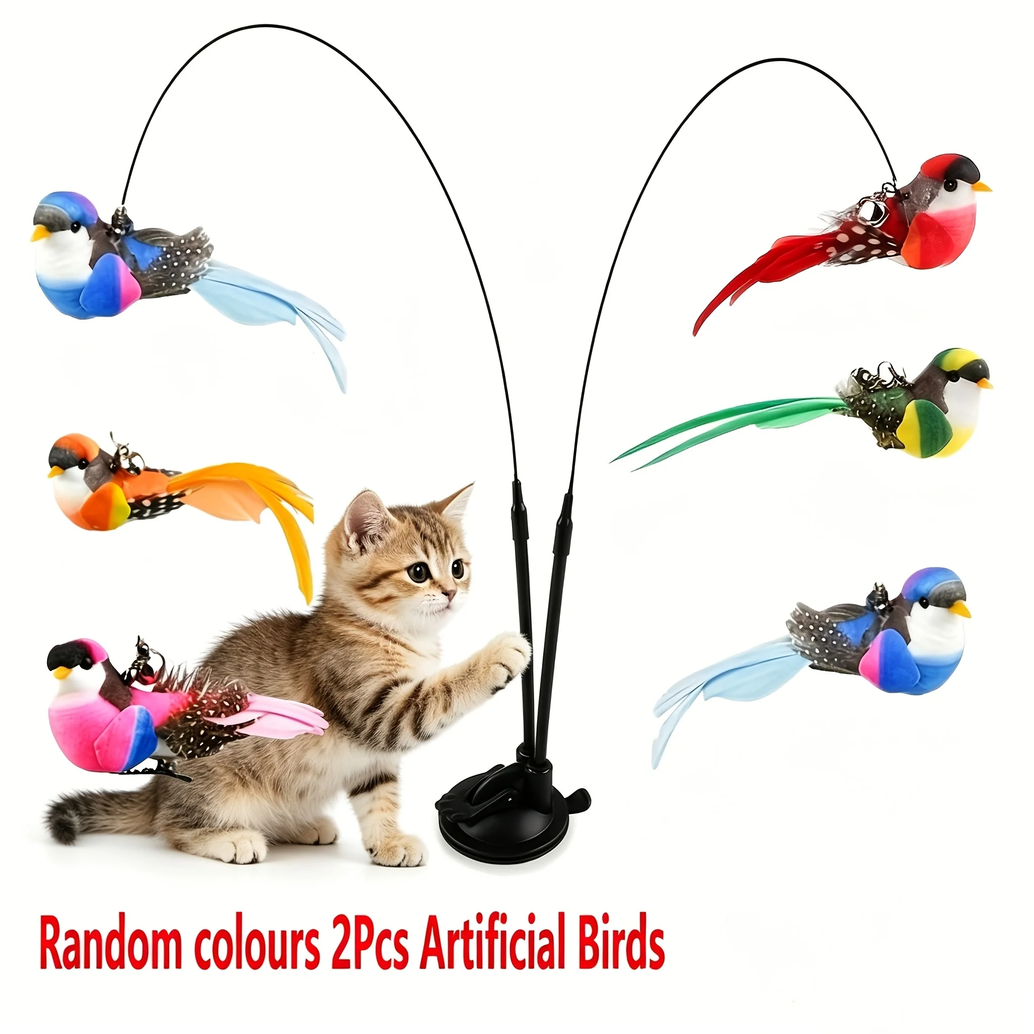 Random color, 2-piece set of artificial birds, 1 set of interactive cat toys: cat teaser toy with a strong suction cup base