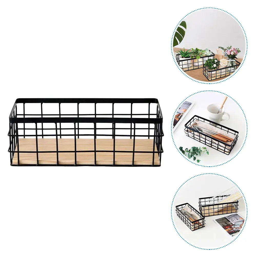 

Wall-Mounted Storage Basket Iron Shelf Wood Board Simple Design For Kitchen Bathroom Office Organizer Sundries Container Hanging