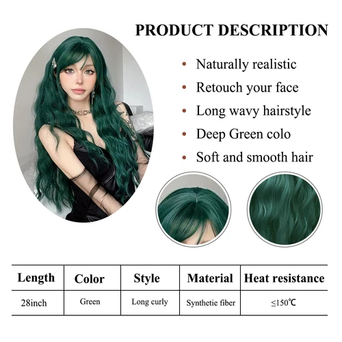 Imagen 2 del producto Pelucas sintéticas onduladas verdes y rizadas largas con flequillo para mujer, pelucas coloridas de Cosplay verdes, pelo falso Natural de Navidad resistente al calor
