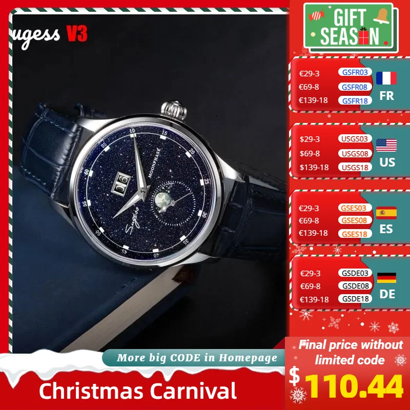 Sugess Moonphase Watch of Men 40mm orologi da polso meccanici automatici origine ST2528 movimento quadranti in arenaria blu in acciaio inossidabile