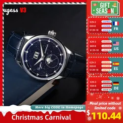 Sugess Moonphase Watch of Men 40mm Automatic Mechanical Wristwatches Origin ST2528 Movement Stainless Steel Blue Sandstone Dials