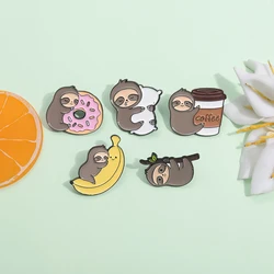 Sloth with Banana Dessert Coffee Enamel Pins Cartoon Animal Cute Lapel Badge Backpack Clothes Decorative Metal Brooches Jewelry