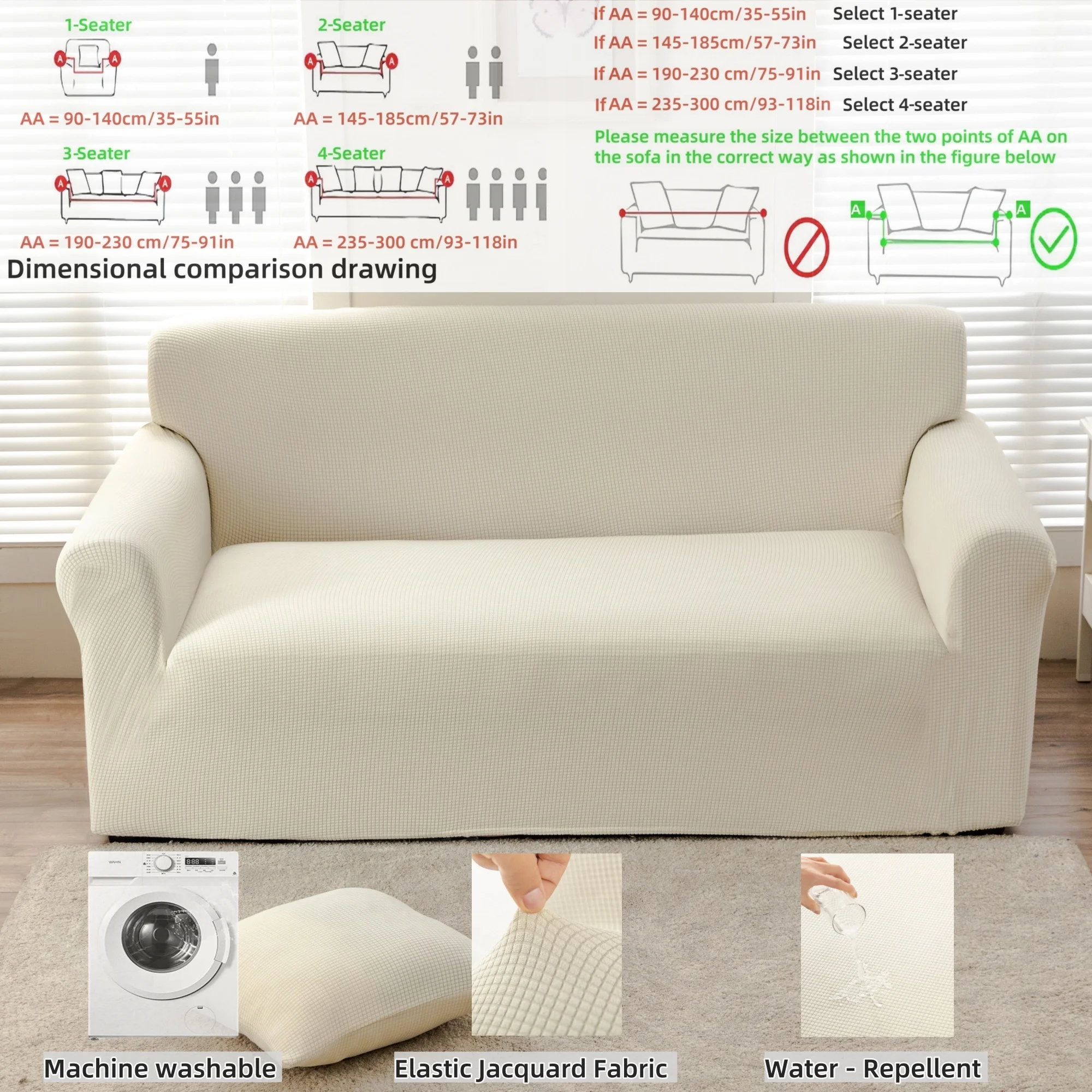 Luxury Solid Color Water-repellent Jacquard Sofa Cover - Mini-Check Pattern, Non-Slip Elastic for Easy Fit & Modern Decor