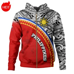 Polynesian Philippines Map Flag 3D Print Zip Up Hoodies Republic-of The Philippines Emblem Graphic Hooded Hoody Mens Sweatshirts