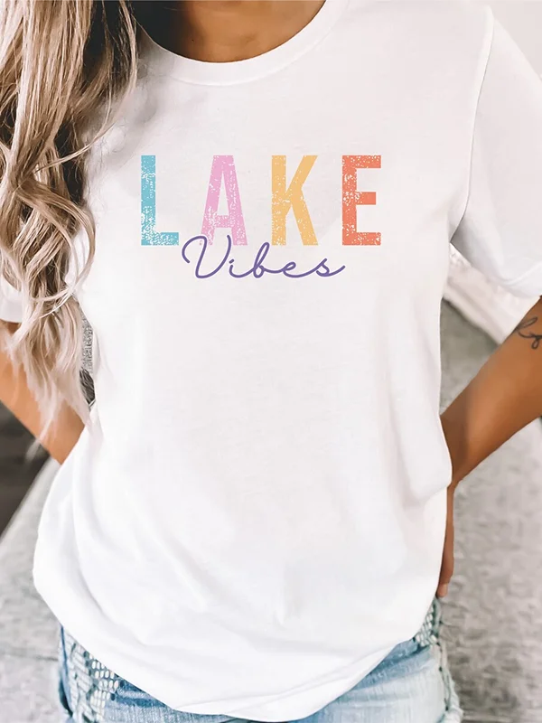 Lake Vibes Chalk Drawing Print Women T-shirt Popular Succinct Casual Female Shirt Faddish Literary Summer Holiday Girl Tee