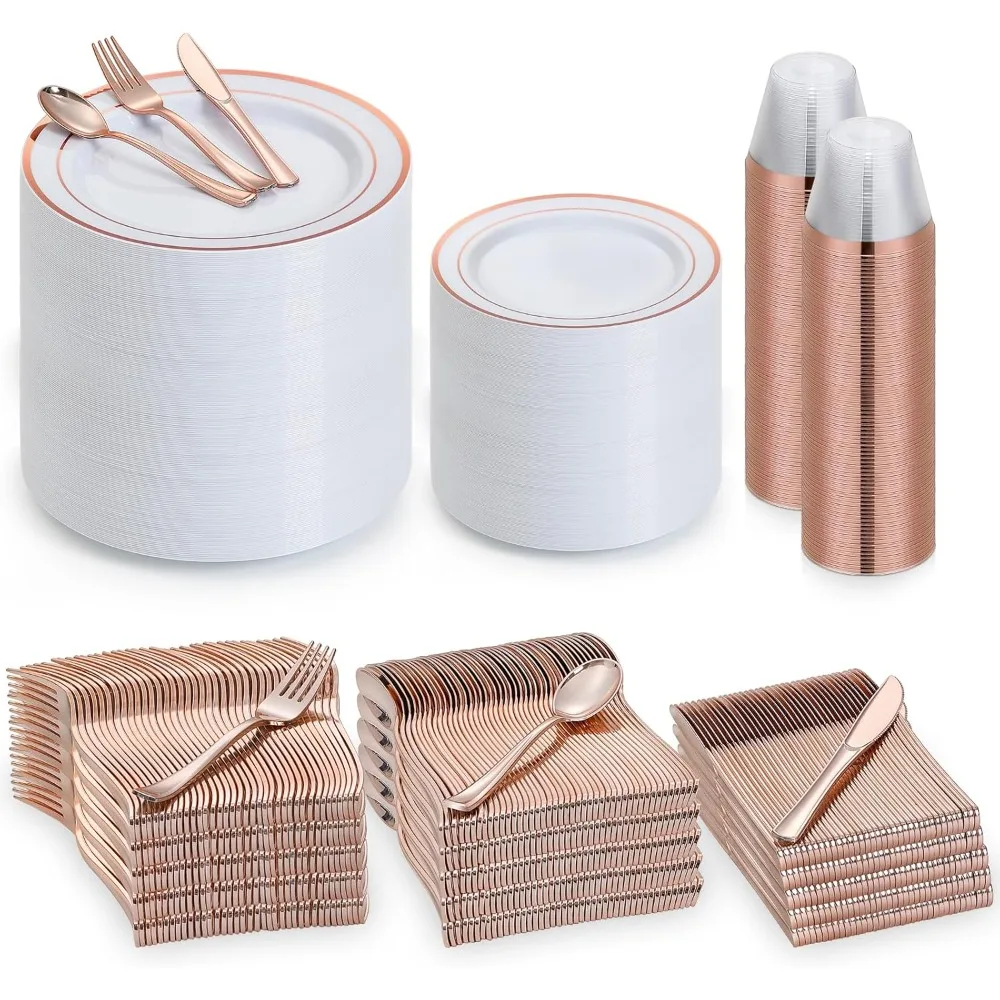 600Pcs Rose Gold  Dinnerware Set for 100 Guests, Disposable  Plates for Party Wedding Birthday