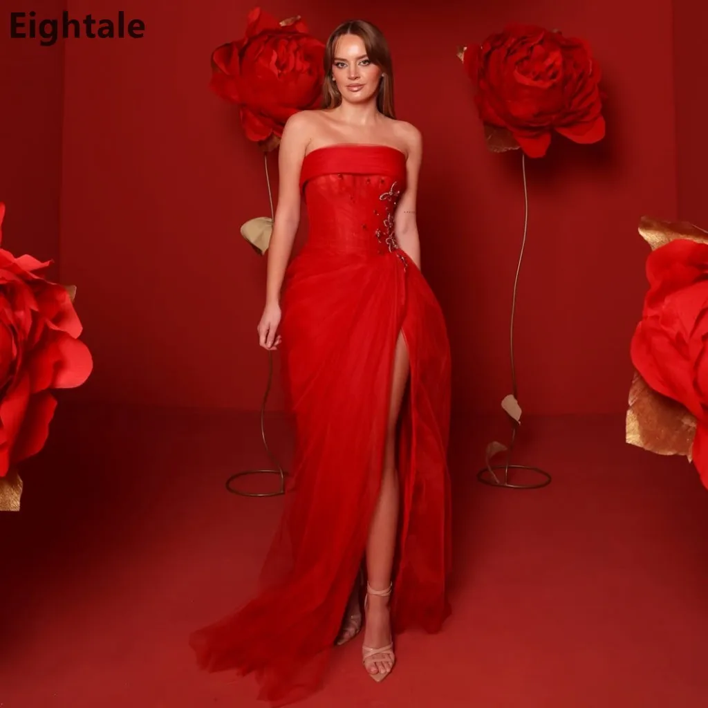

Eightale 2026 Luxury Red Strapless Tulle Evening Gown Crystal Butterfly Appliques High Slit Formal Prom Wedding Party Customized