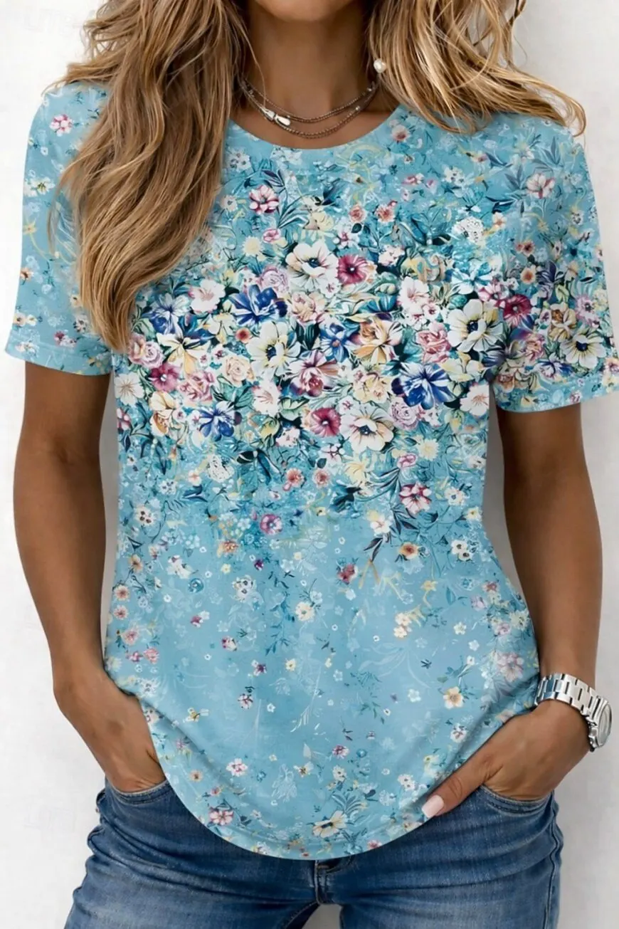 Women's Plants Floral Graphic T-Shirt, Round Neck Short Sleeve Casual Tops, Modern Daily Sports Wear for Spring & Summer