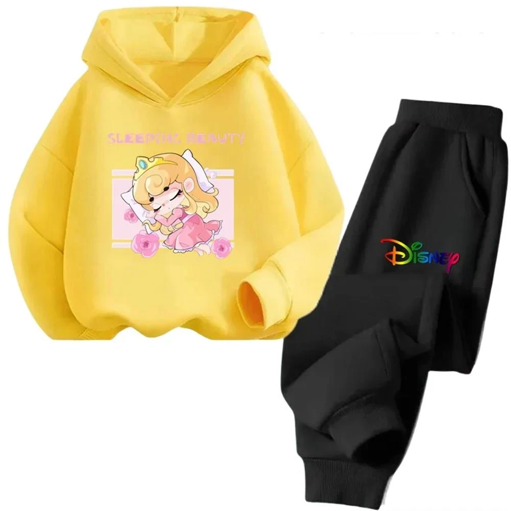 Disney Sleeping Beauty Hoodie Set Girls Cartoon 3-14 Years Old Kawaii Street Casual Kids Sweatshirt Children's Trucksuit