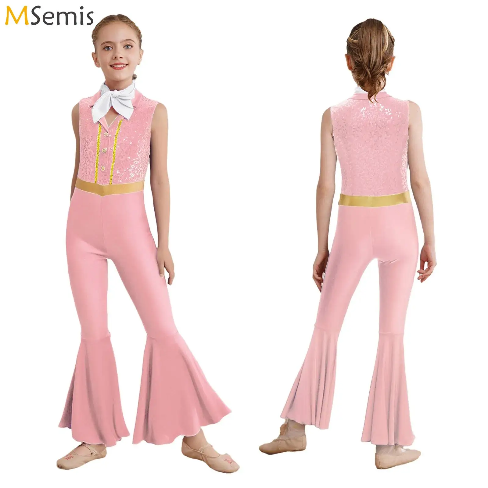 

Детский костюм хиппи с блестками для девочек, одежда для дискотек 70-х и 80-х годов, танцевальный комбинезон с шарфом, одежда для джазовых танцев, сценическое выступление