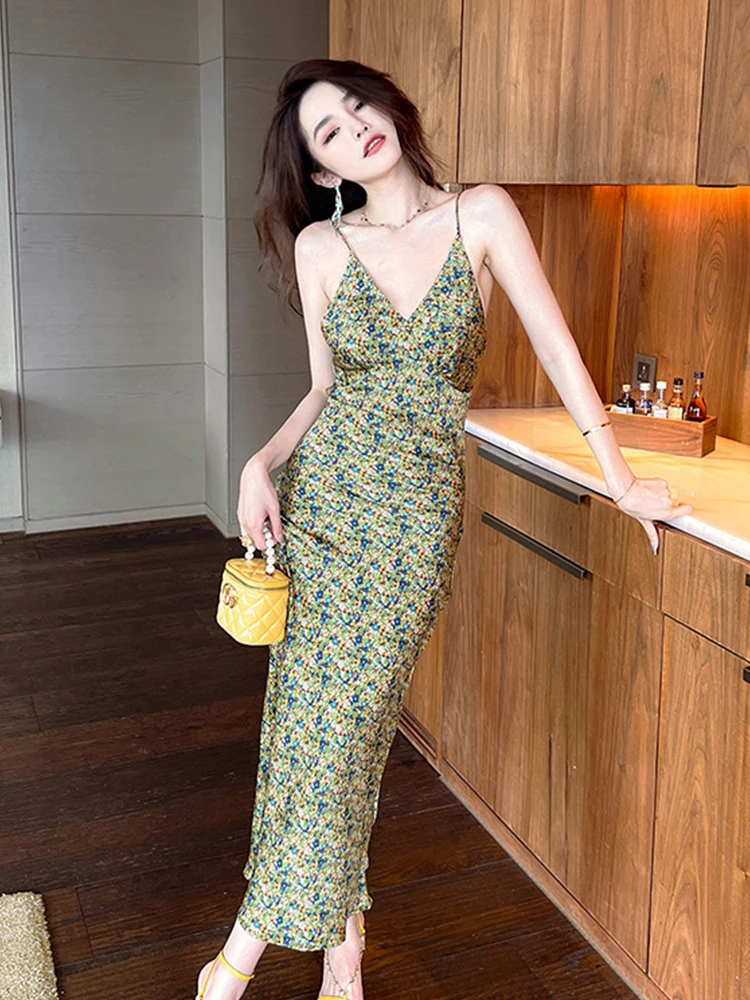 エレガントなヴィンテージイブニングドレス レディース カジュアル サテン グリーン 花柄ストラップ ローカット フィッシュテール ローブ レディース パーティー ホリデー ビーチ ワンピース