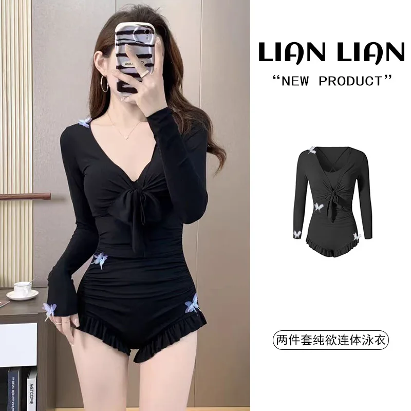 

Long-sleeved Solid Color Conservative and Slim Swimsuit Women's One-piece Two-piece Set