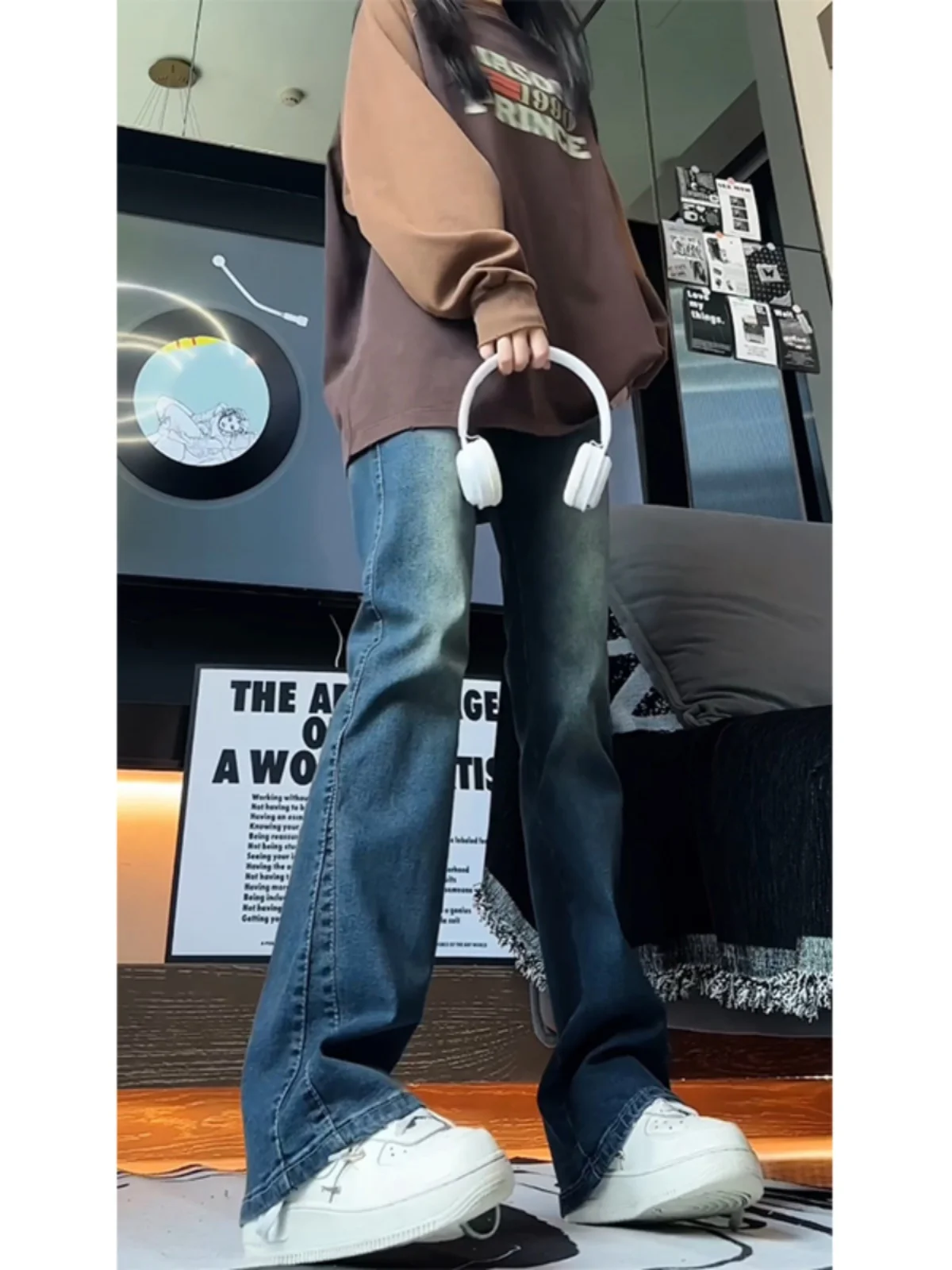 

Retro Blue Knife Men's Jeans High Street American Sle Straight Leg Bell Bot Long Trousers for Tall Teenagers