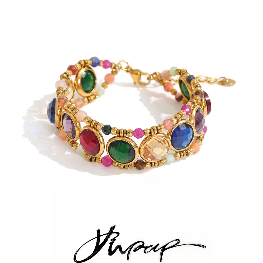 Yhpup New Arrivals Handmade Jewelry for Women Stainless Steel Colorful K9 Crystal Stone Round Chain Bracelet Bangle Gift