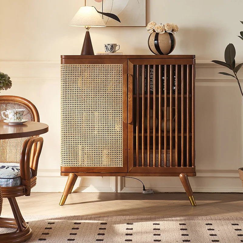 New Chinese-style solid wood rattan dining side cabinet, living room, B & B, wabi-sandy wind locker, three-layer tea cabinet