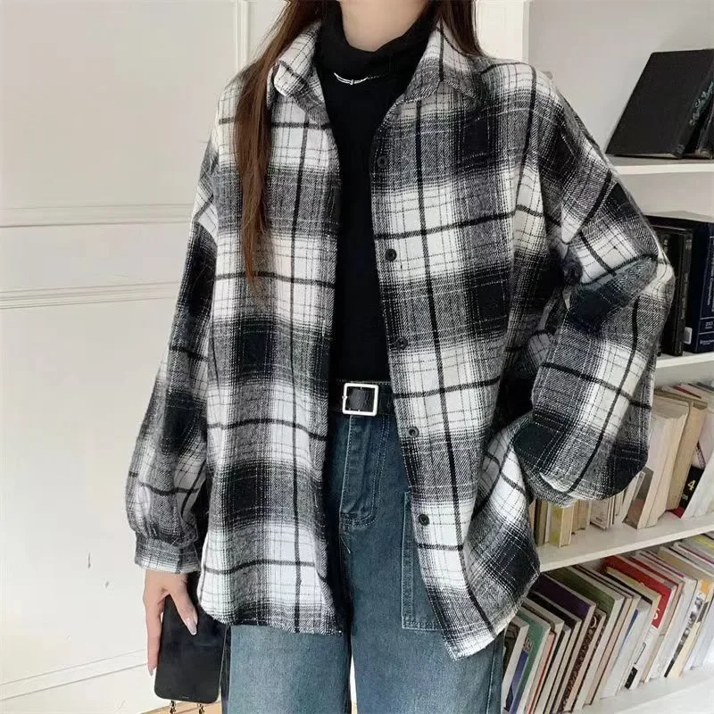 Thickened Plaid Flannel Shirt Autumn Winter New Style Loose Lantern Long Sleeve Casual Outerwear Top For Women