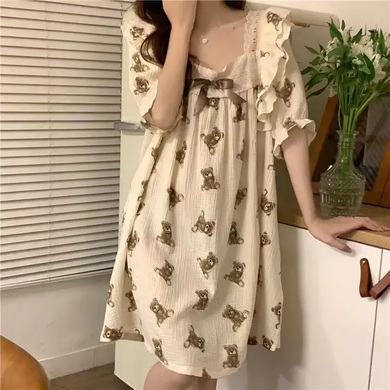 Nightgowns for Women Summer Korean Style Cute Pajamas Lace Bear Ruffle Dress New in Women\'s Sleepwear Clothes Sleep Sexy Pajama