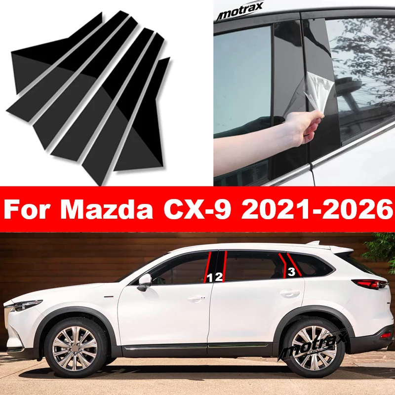 Car Glossy Effect Window Door Column B C Pillars Post Cover Sticker for Mazda CX9 CX-9 2021-2026 Decoration Accessories