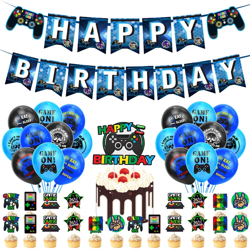 Juego de globos de fiesta temática, Gamepad de dibujos animados, pancarta para niños, Gamer, feliz cumpleaños, hornear pastel, decoración de pared de fondo