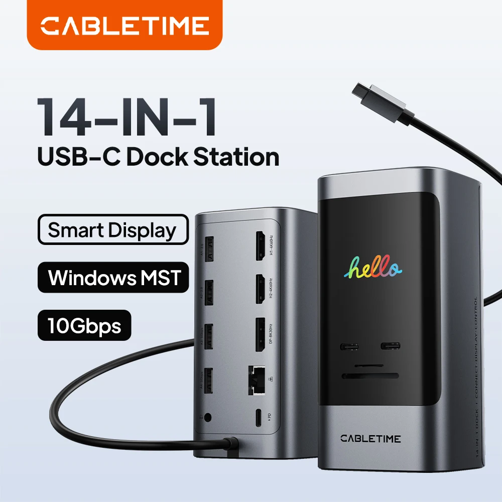 CABLETIME 14 IN 1 USB C Dock Station Smart Display 8K@30Hz DP Port 1000Mbps RJ45 Lan Port SD/TF 3.0 for Laptop Macbook