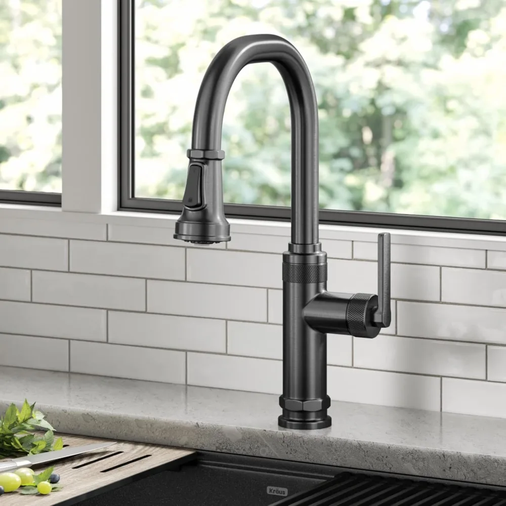 Industrial Pull-Down Single Handle Kitchen Faucet in Spot-Free Black Stainless Steel, KPF-4102SFSB