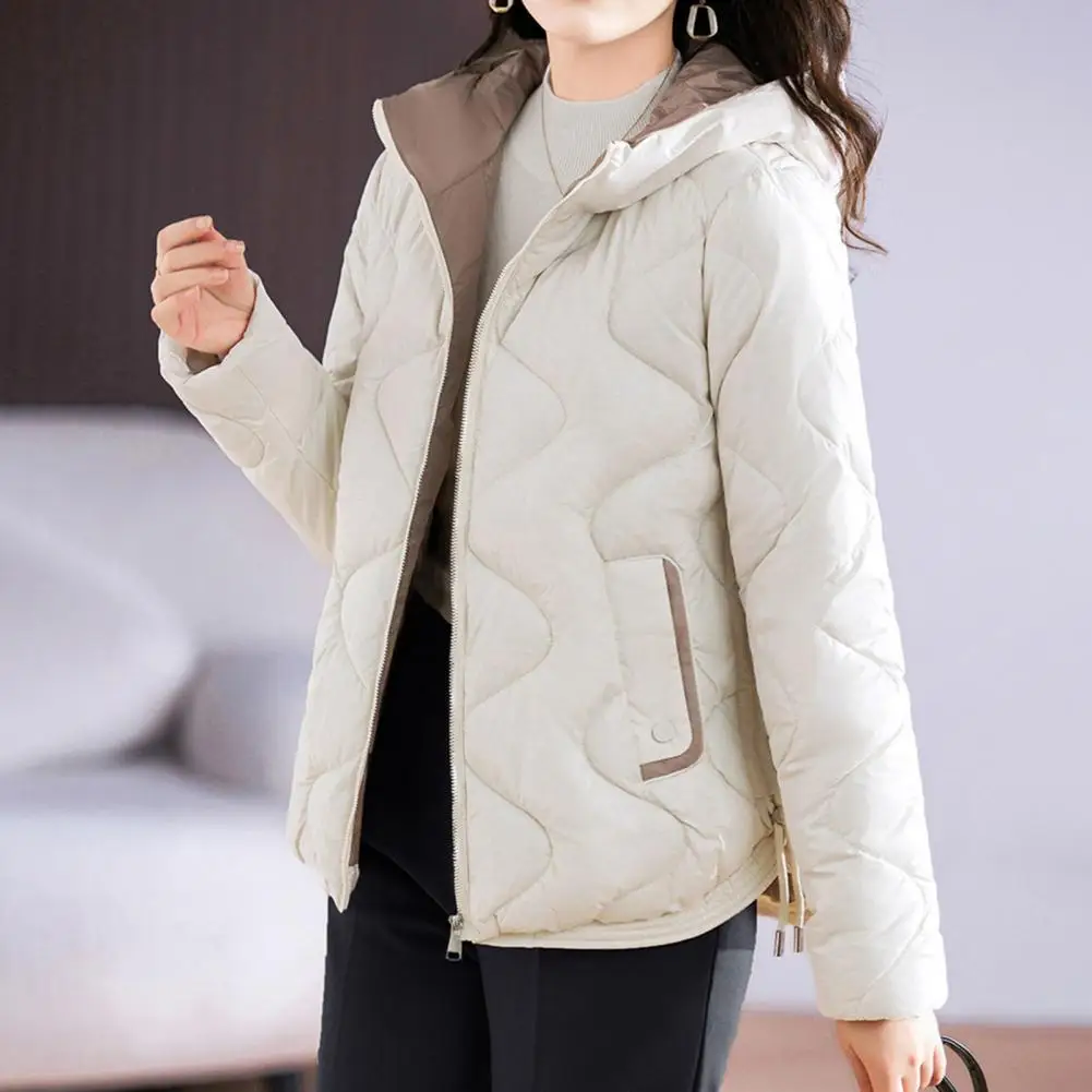 Winter Lady Down Coat Solid Color Long Sleeves Hooded Padded Coat Thicken Neck Zip up Outdoor Cotton Coat With Pocket