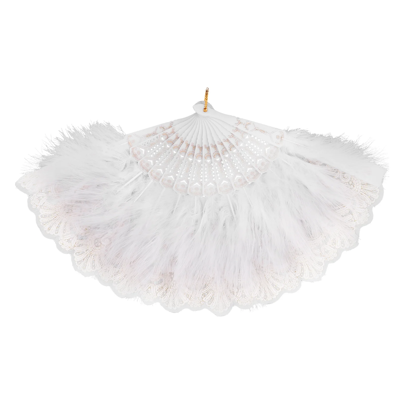 

Feathered Folding Fan Vintage White Handmade Lace Embroidered Bride Wedding Dancing Party Costume Fan Embroidered Flower Fans