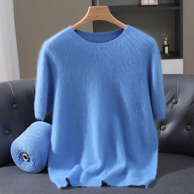 Sweater Rajut Pria Lengan Pendek Kerah Bulat Bahan Wol Mink Musim Gugur Musim Dingin, Model Longgar, Lengan Lima Perempat, Bahan Kasmir