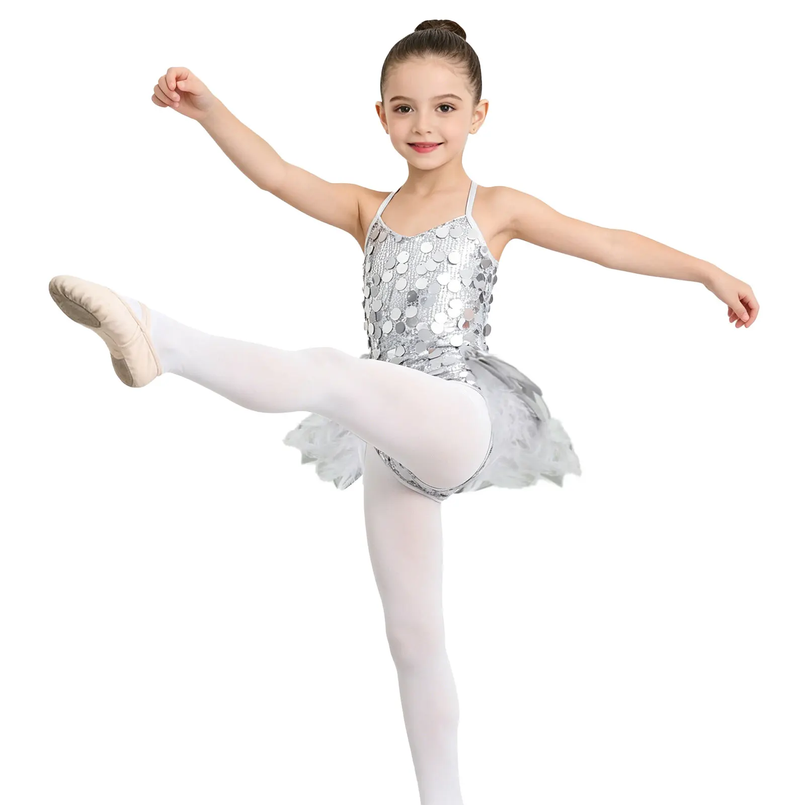 

Kids Girls Feather Glittery Sequin Leotard Rhythmic Gymnastics Jazz Latin Dance Dress Performance Costume Children Ballet Tutu