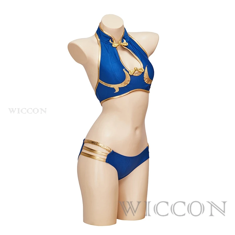 Chun Li Costumi Cosplay Blu Costume bikini sexy Gioco Uniforme Costume da bagno Copricapo Donna Halloween Party Outfit